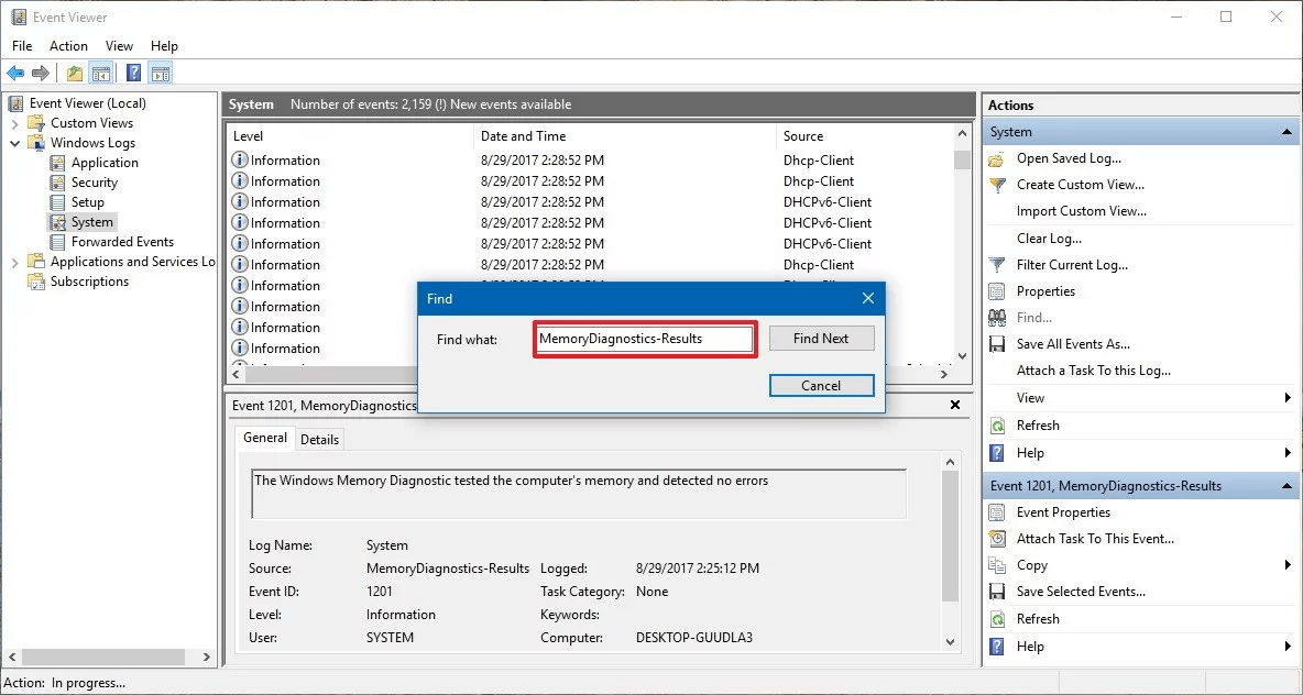 MemoryDiagnostics-Results Windows 10