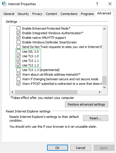 enable ssl/tls versions