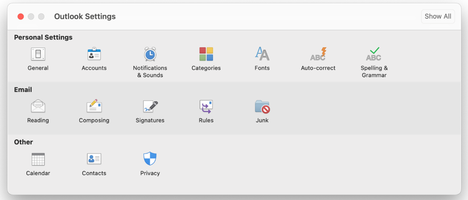 outlook personal settings
